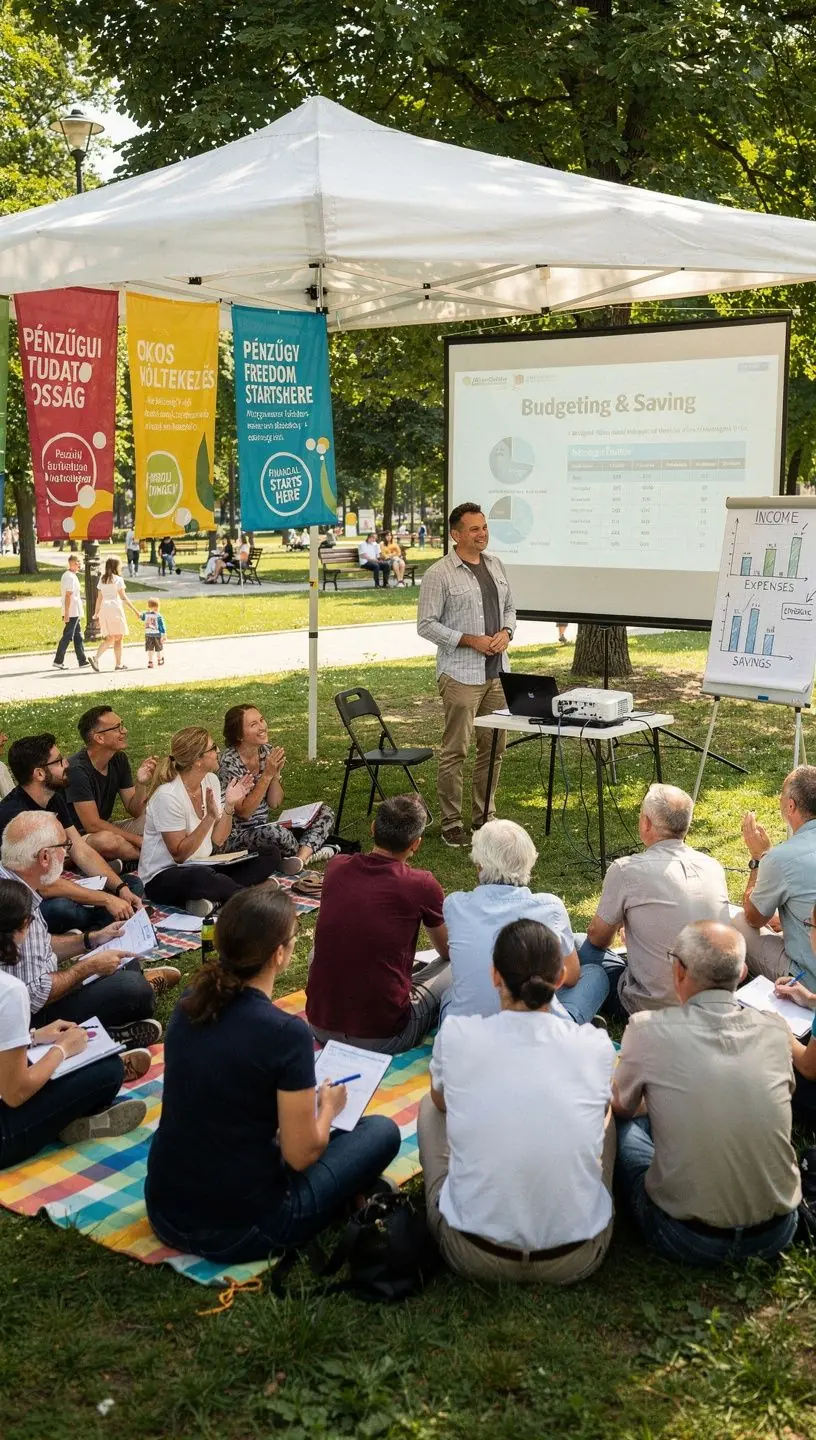 Tanulók csoportja, akik aktívan részt vesznek egy személyes pénzügyi workshopon.