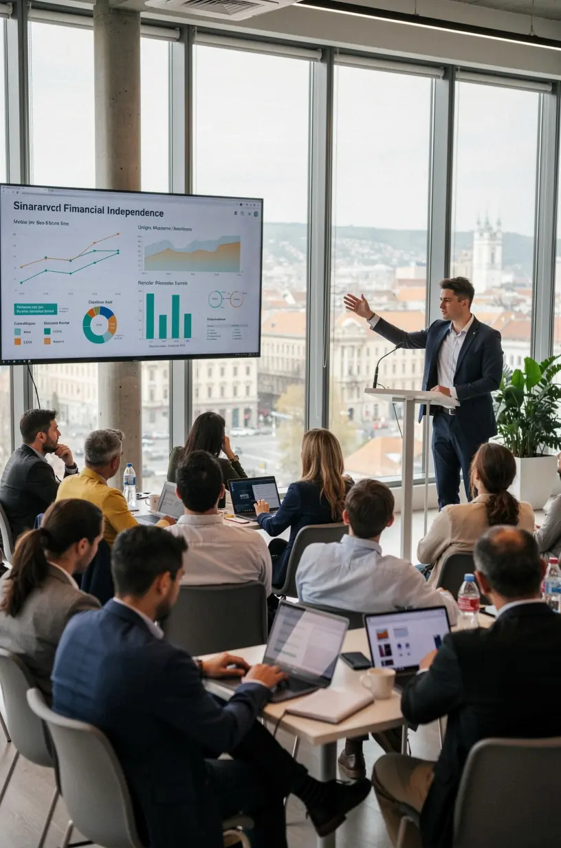 Személyes pénzügyi alapismereteket tanító előadás egy modern tanteremben, ahol hallgatók jegyzetelnek.